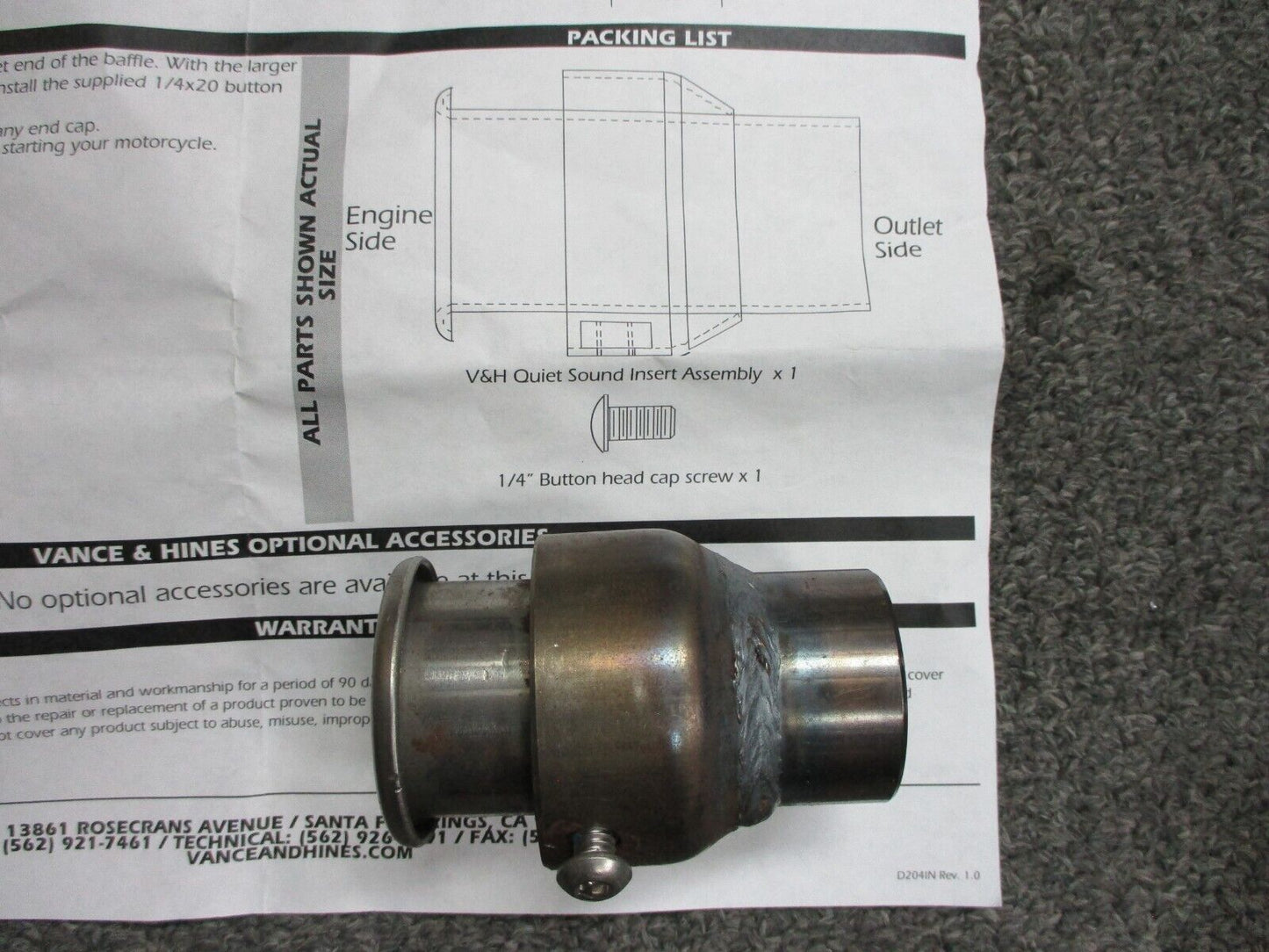Vance & Hines Quiet Insert Baffle - Exhaust 367372, 267393,367377,367396 VH7016