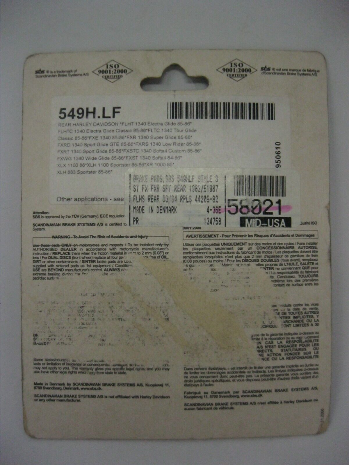 SBS Ceramic Motorcycle DISC BRAKE PADS for HD FLT/FLHT 549H.LF 58020 43395-80A
