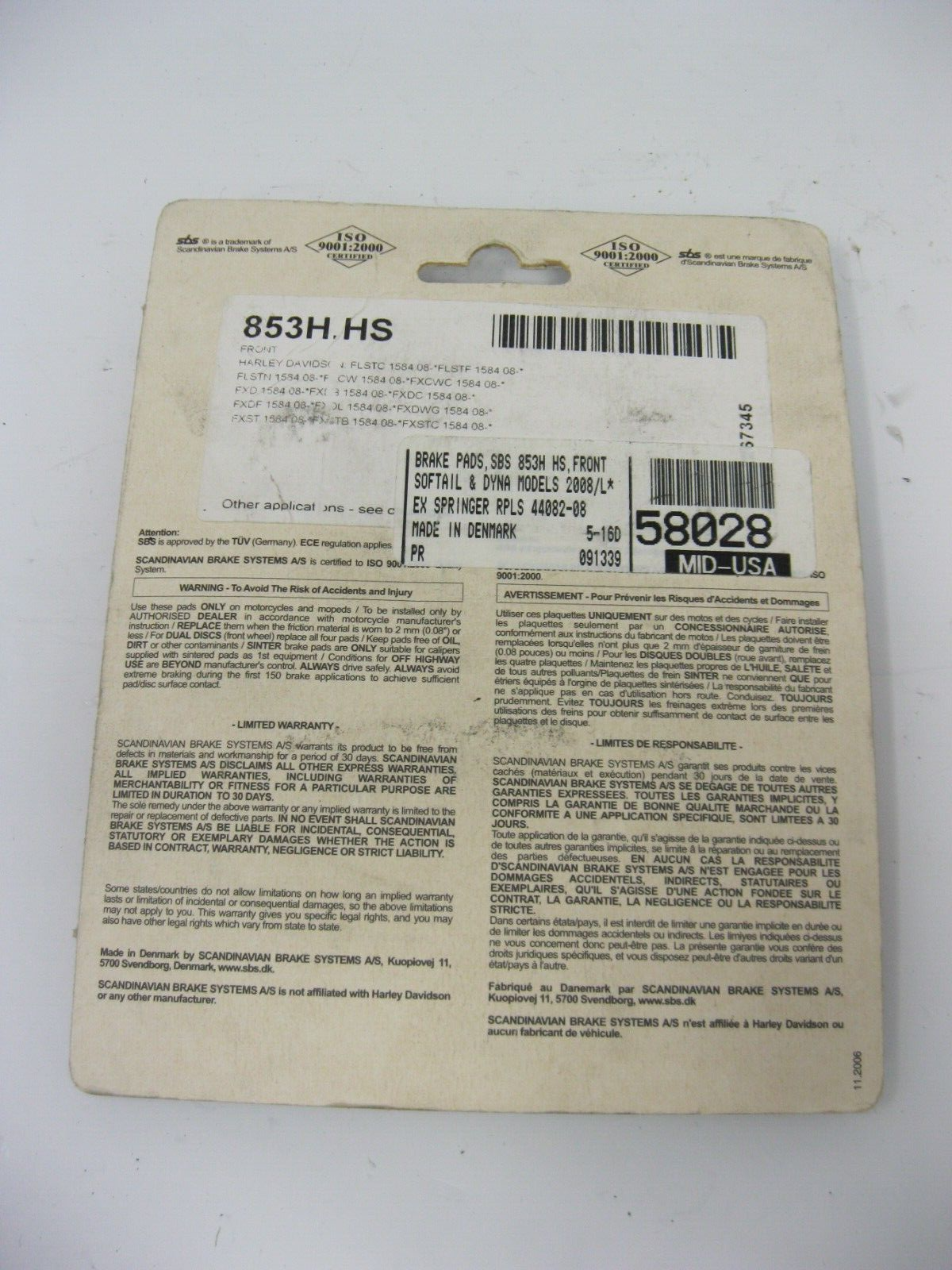 SBS 853H.HS DISC BRAKE PADS Front Softail Dyna Models 2008 Springer RPLS 58028