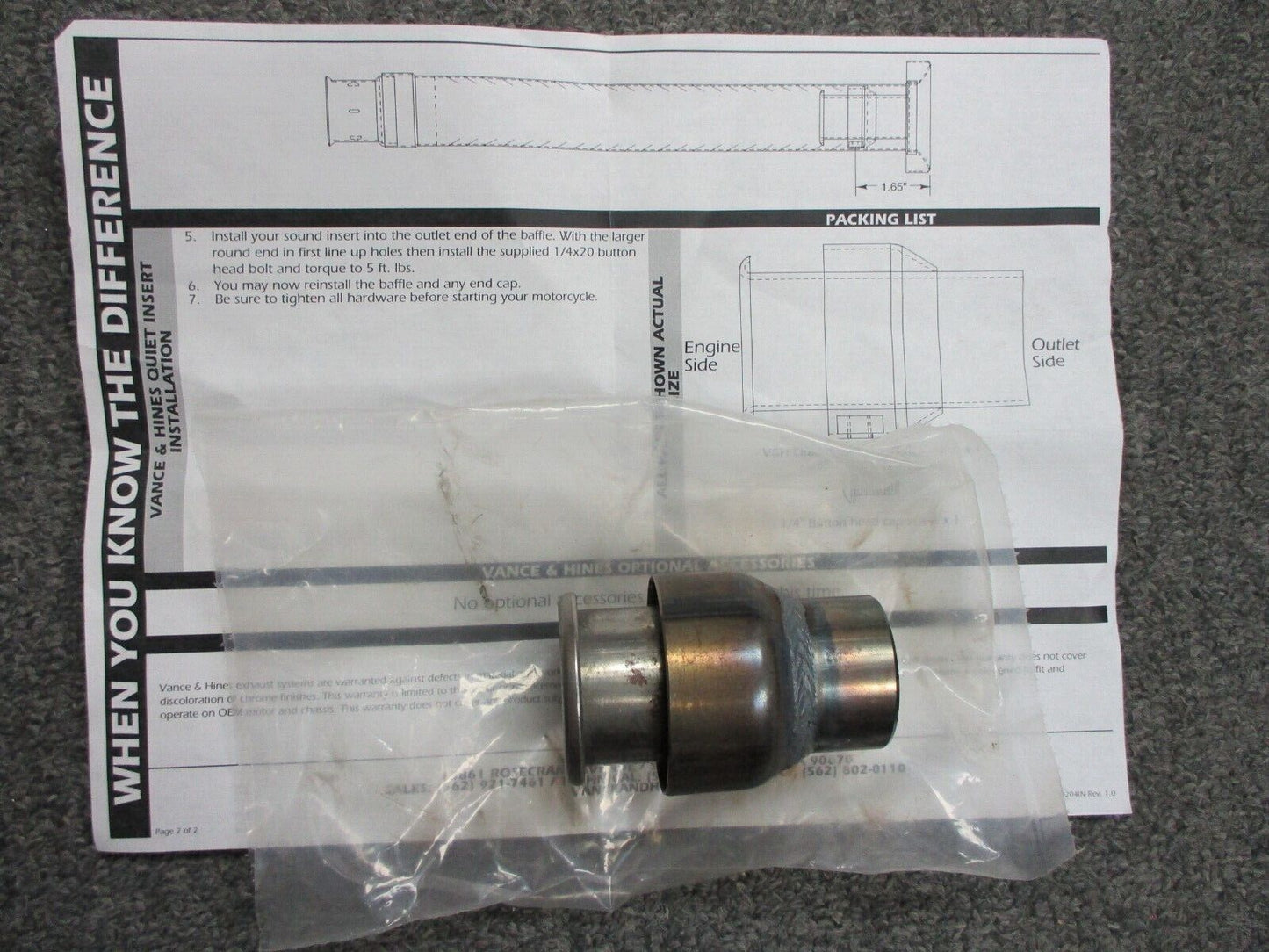 Vance & Hines Quiet Insert Baffle - Exhaust 367372, 267393,367377,367396 VH7016