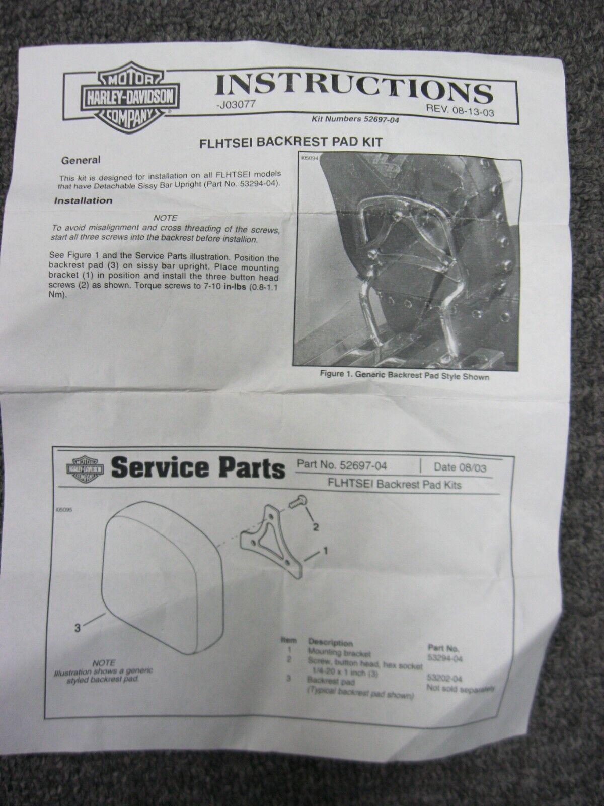 Harley-Davidson OEM FLHTSE Backrest Pad Kit 52697-04