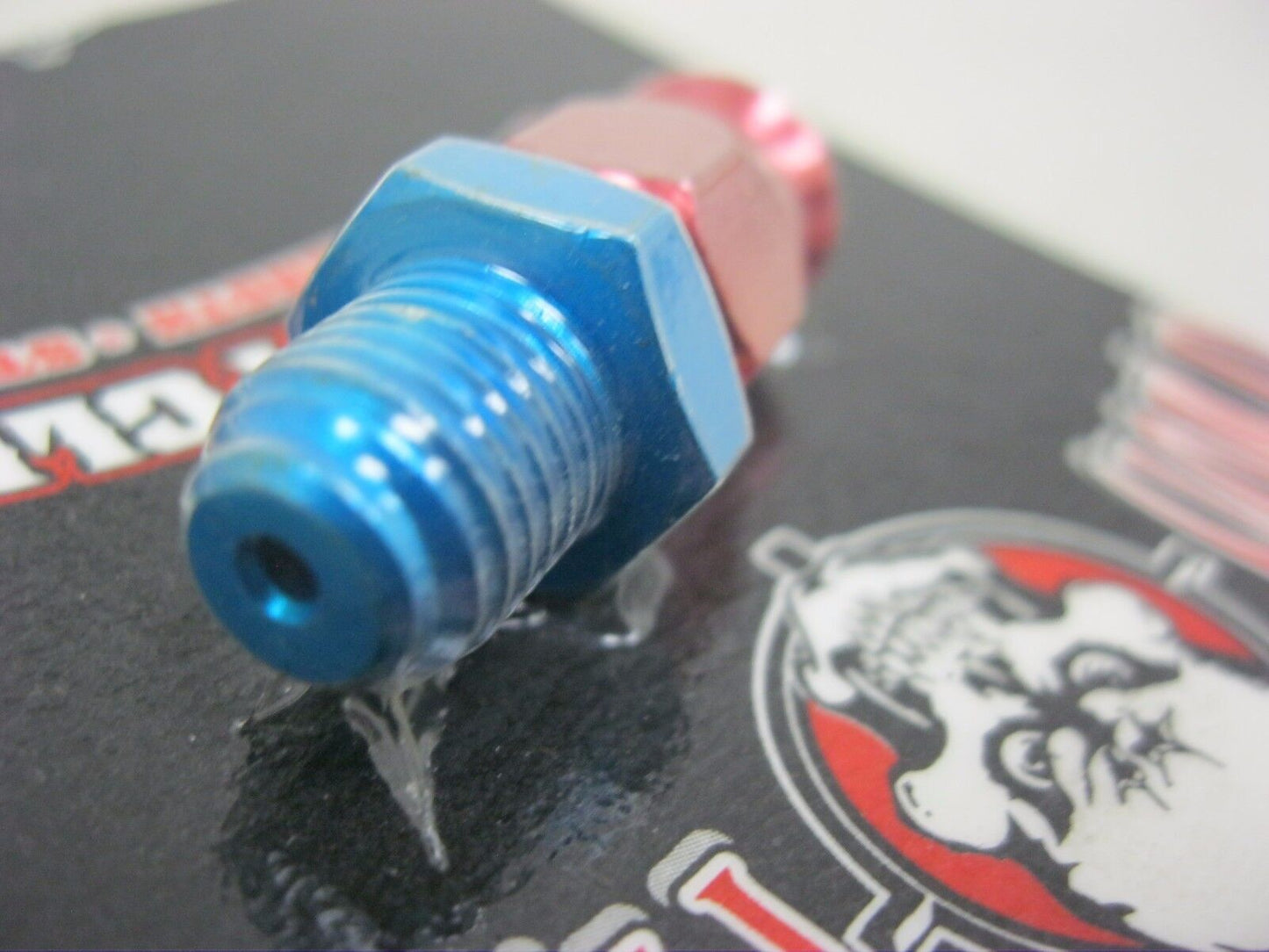 GALFER BLUE AND RED ALUMINUM 10x1.25 FIXED STRAIGHT MALE SHORT FITTING 139442