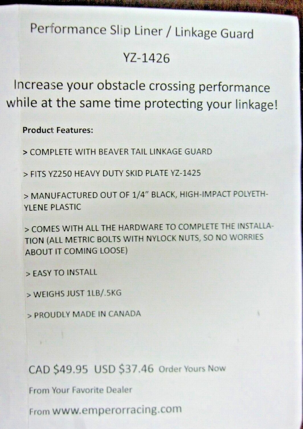Emperor Racing Yamaha Plastic Skid Plate Liner 05-17 YZ250 16-17 YZ250X YZ-1426