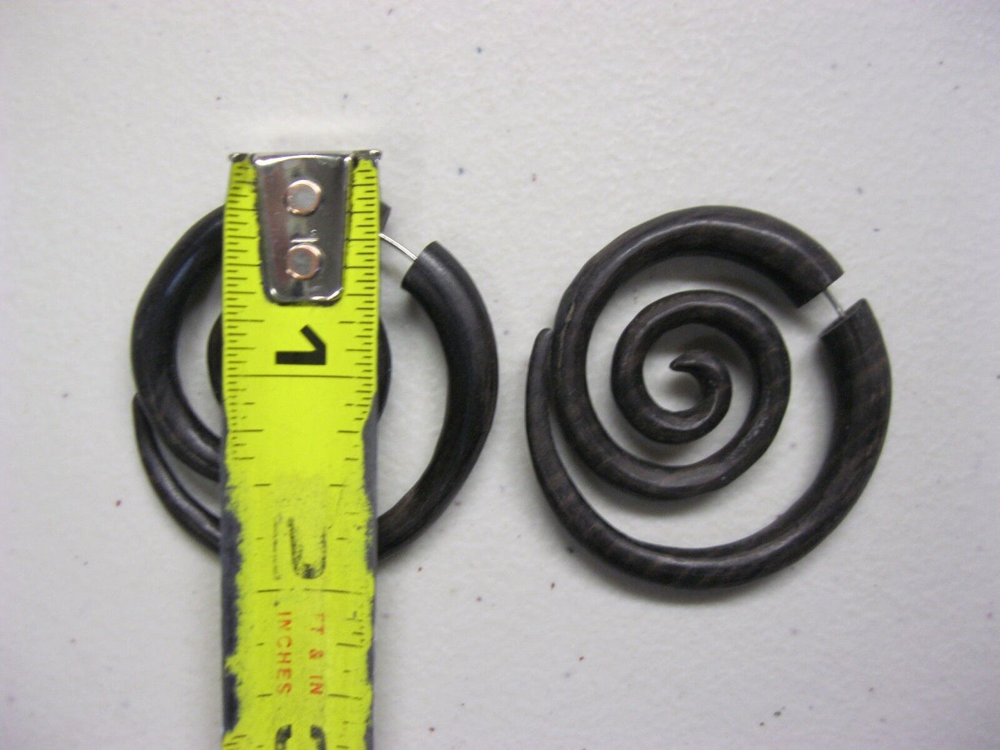 MEDIUM SIZED BROWN SONO WOOD SPIRAL FAKE GAUGE EARRINGS