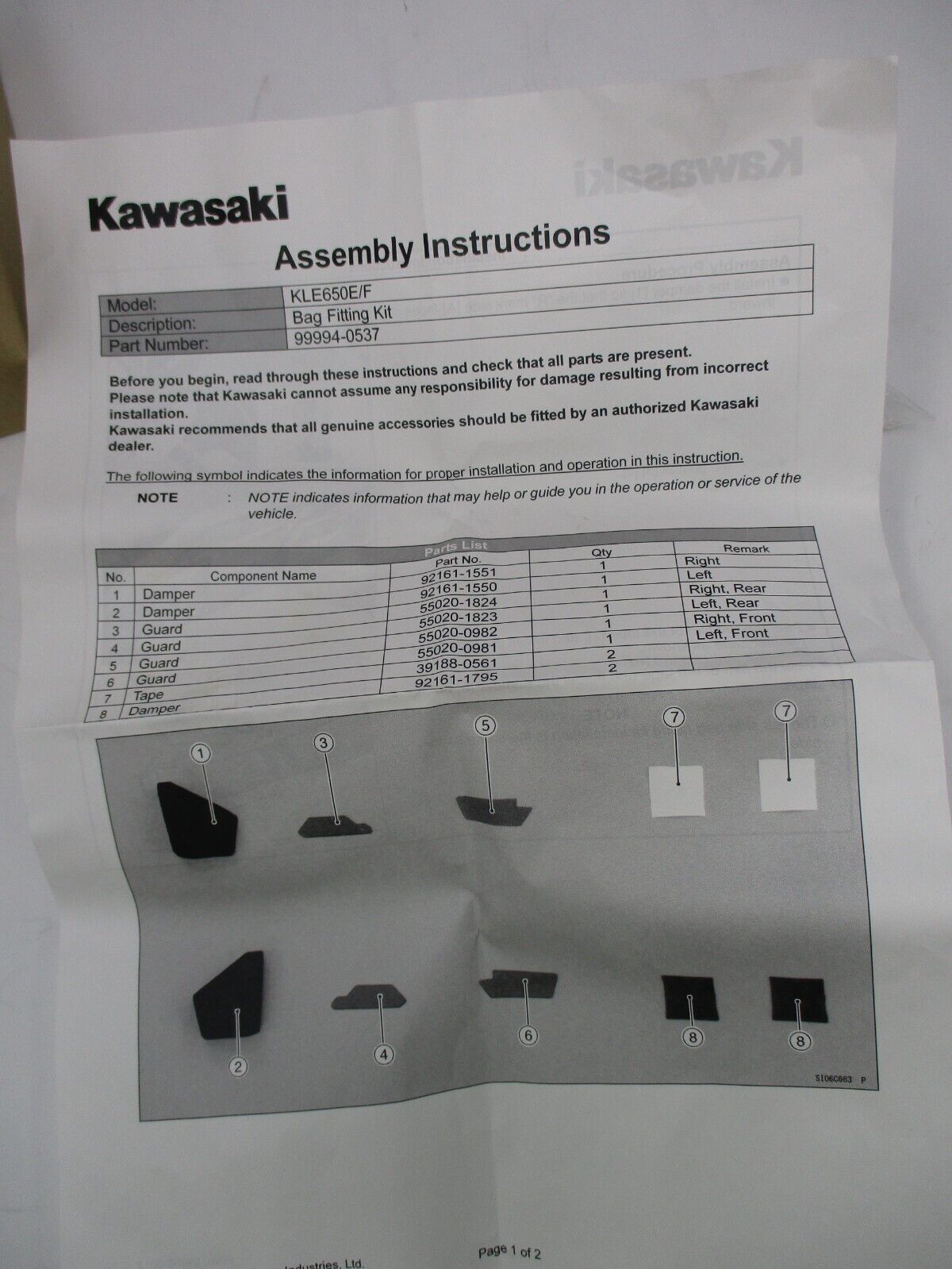 GENUINE OEM KAWASAKI KLE650 VERSYS LUGGAGE BAG FITTING KIT 99994-0537