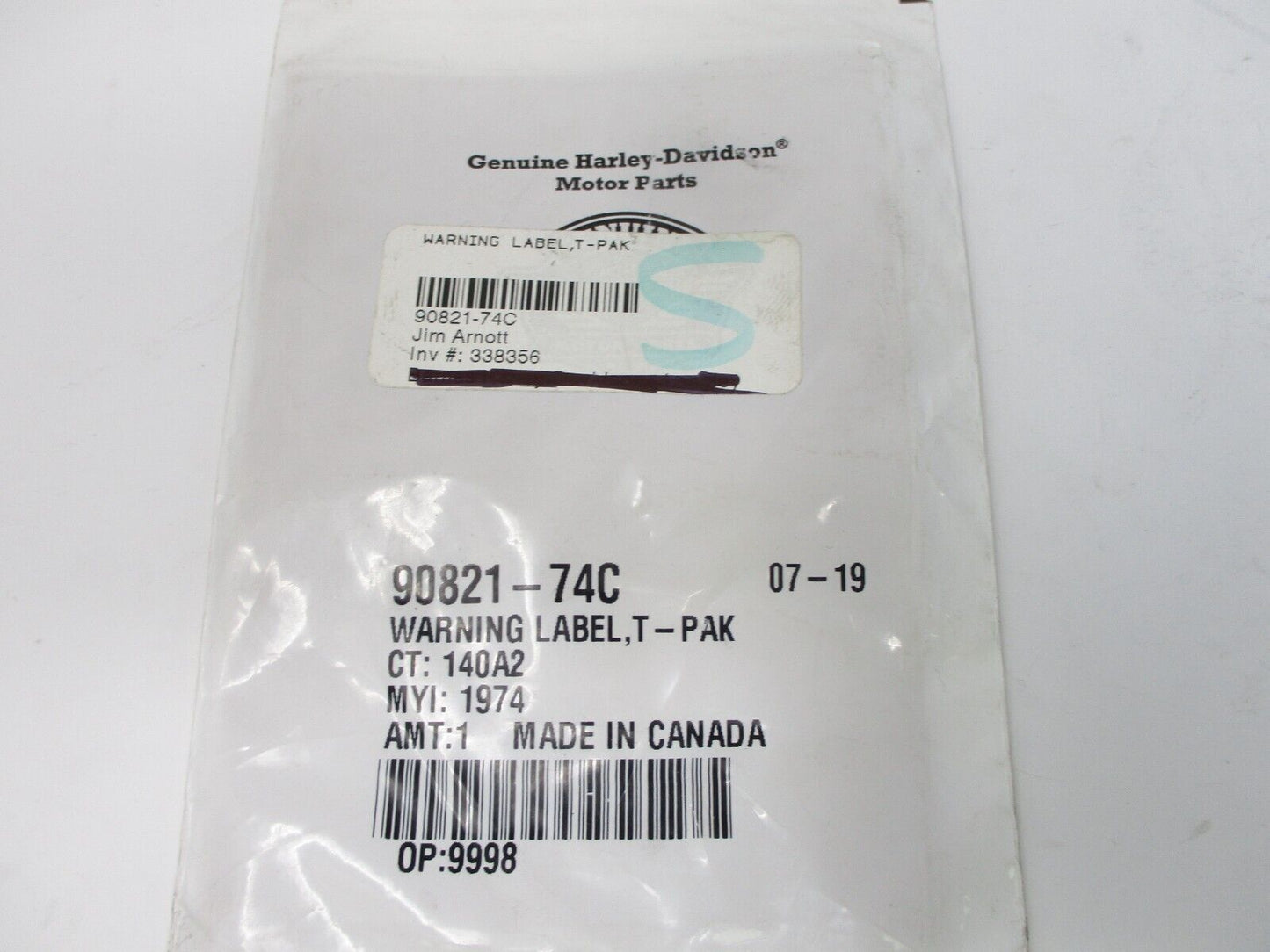 GENUINE Warning Label T-Pak Part Number 90821-74C