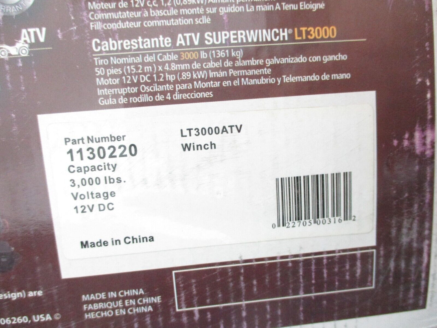 Superwinch 1130220 LT3000 ATV Series 3/16"x50' 12 Volt Winch w/ 3000 lb Capacity