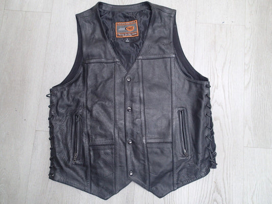 Mens Leather Vest With Concealed Pockets Side Laces Solid Back First Classics