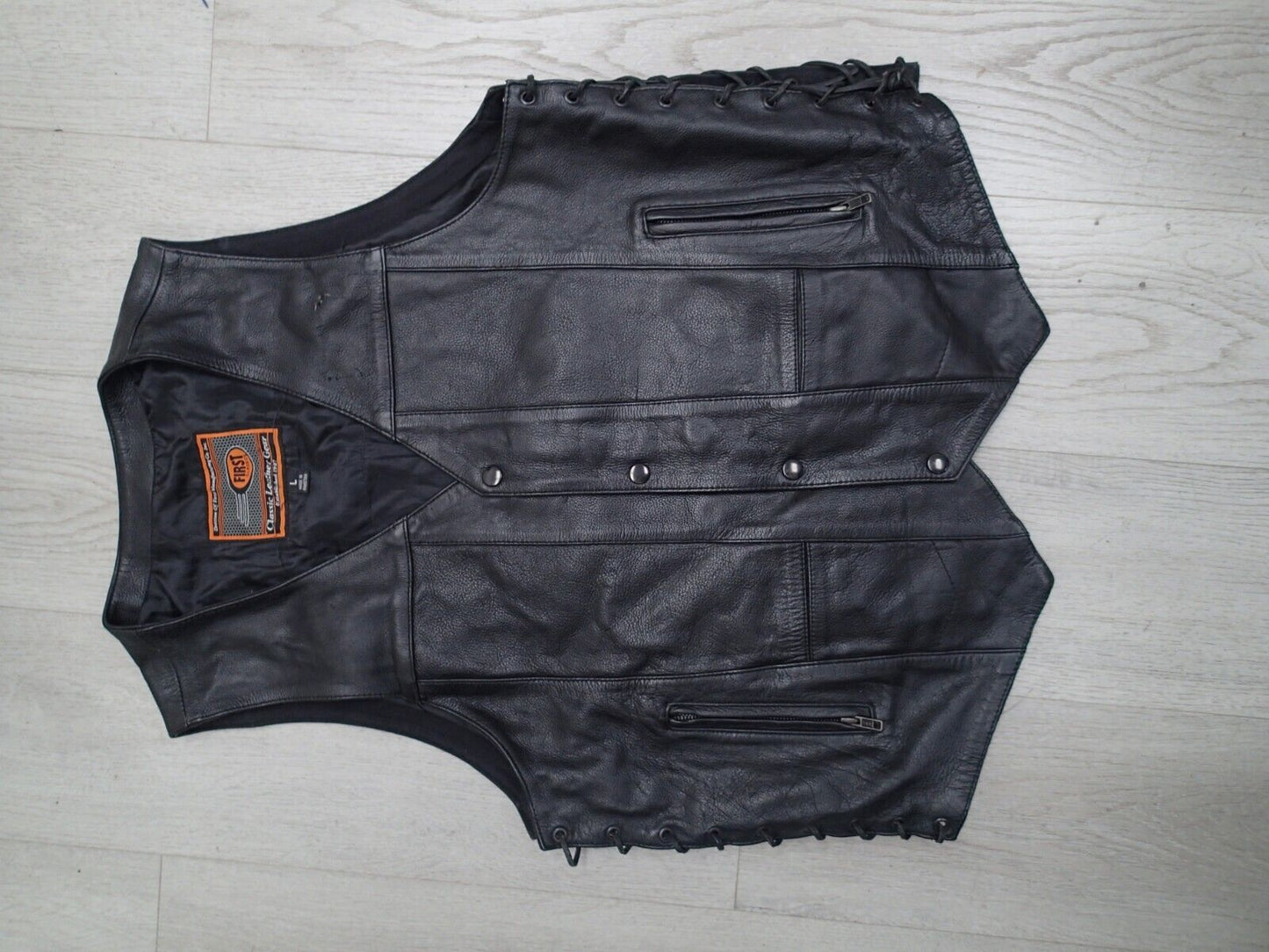Mens Leather Vest With Concealed Pockets Side Laces Solid Back First Classics