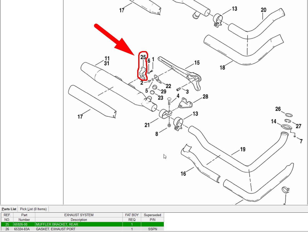 FATBOY MUFFLER BRACKET, REAR EXHAUST HOLDER EXHAUST SYSTEM HARLEY FLSTF 65926-00