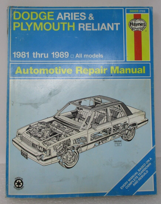 1981-1989 DODGE ARIES / PLYMOUTH RELIANT SHOP MANUAL / 88 87 86 85+ HAYNE'S BOOK