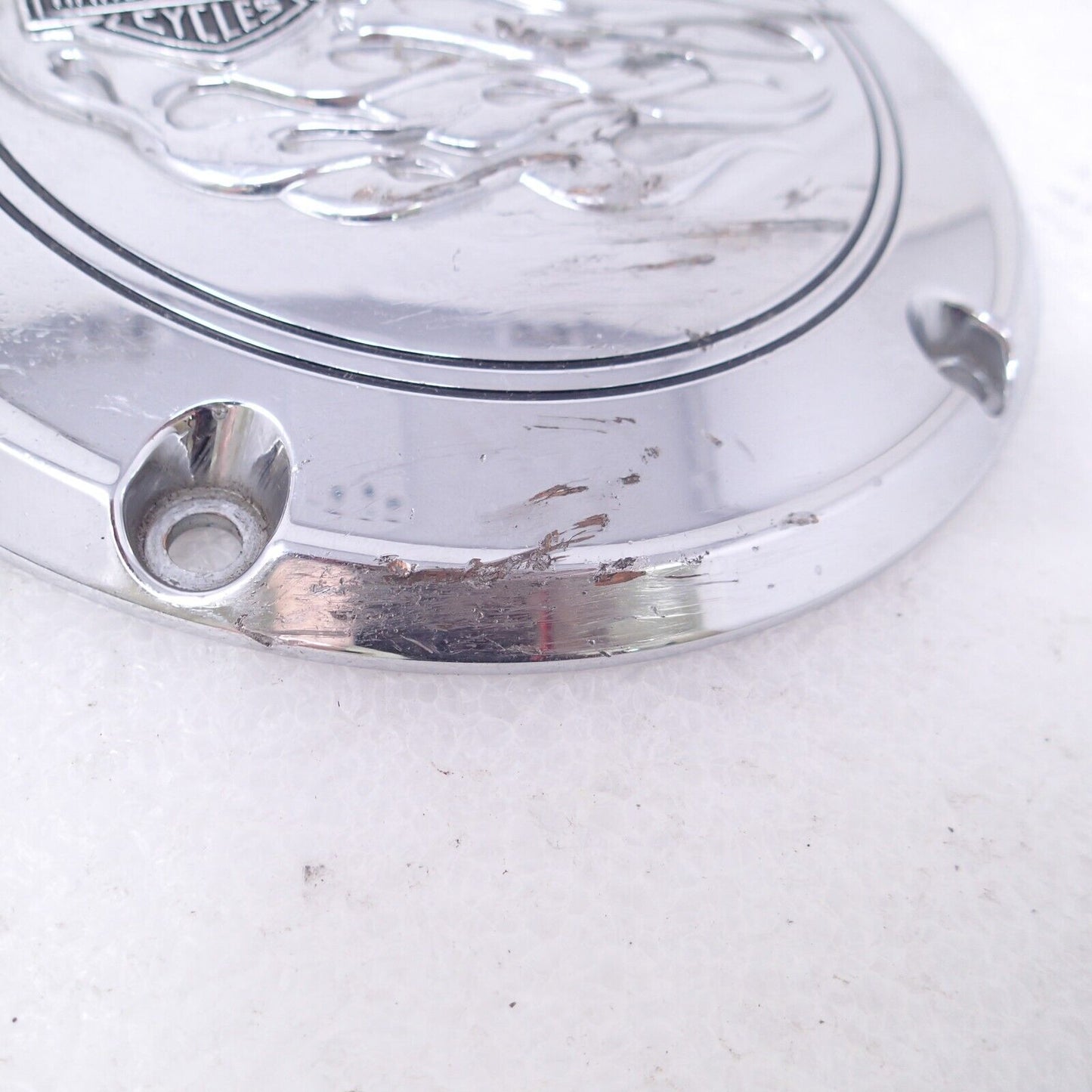 GENUINE HARLEY DAVIDSON Chrome B&S Flames Derby Cover OEM 25700473 USED