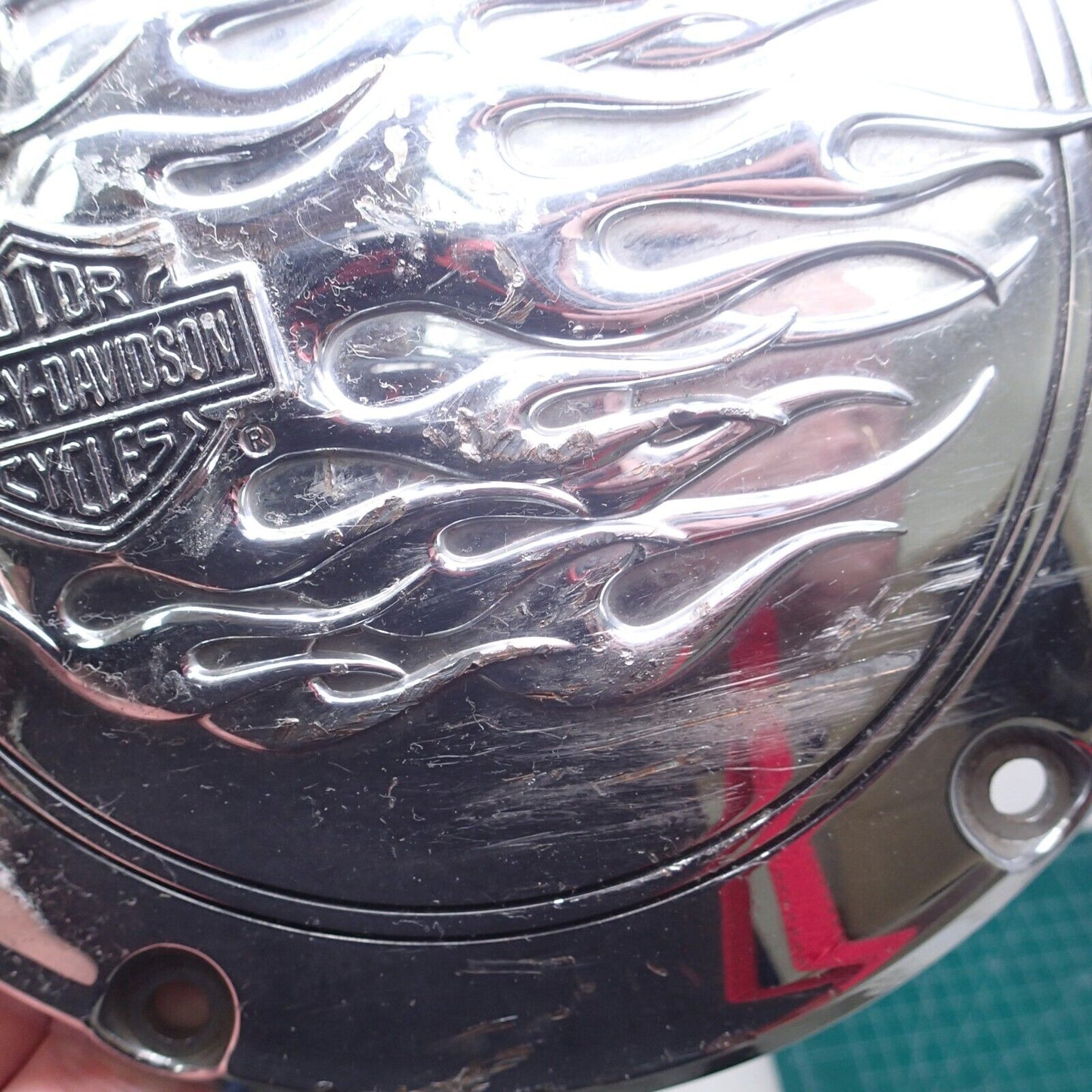 GENUINE HARLEY DAVIDSON Chrome B&S Flames Derby Cover OEM 25700473 USED