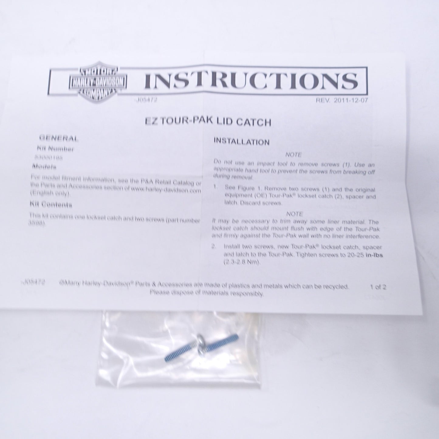 Harley Davidson EZ Tour-Pak Lid Catch - New - 53000195