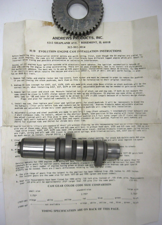 Andrews EV13 Camshaft and Drive Gear for 84-99 Evolution Big Twins  24220