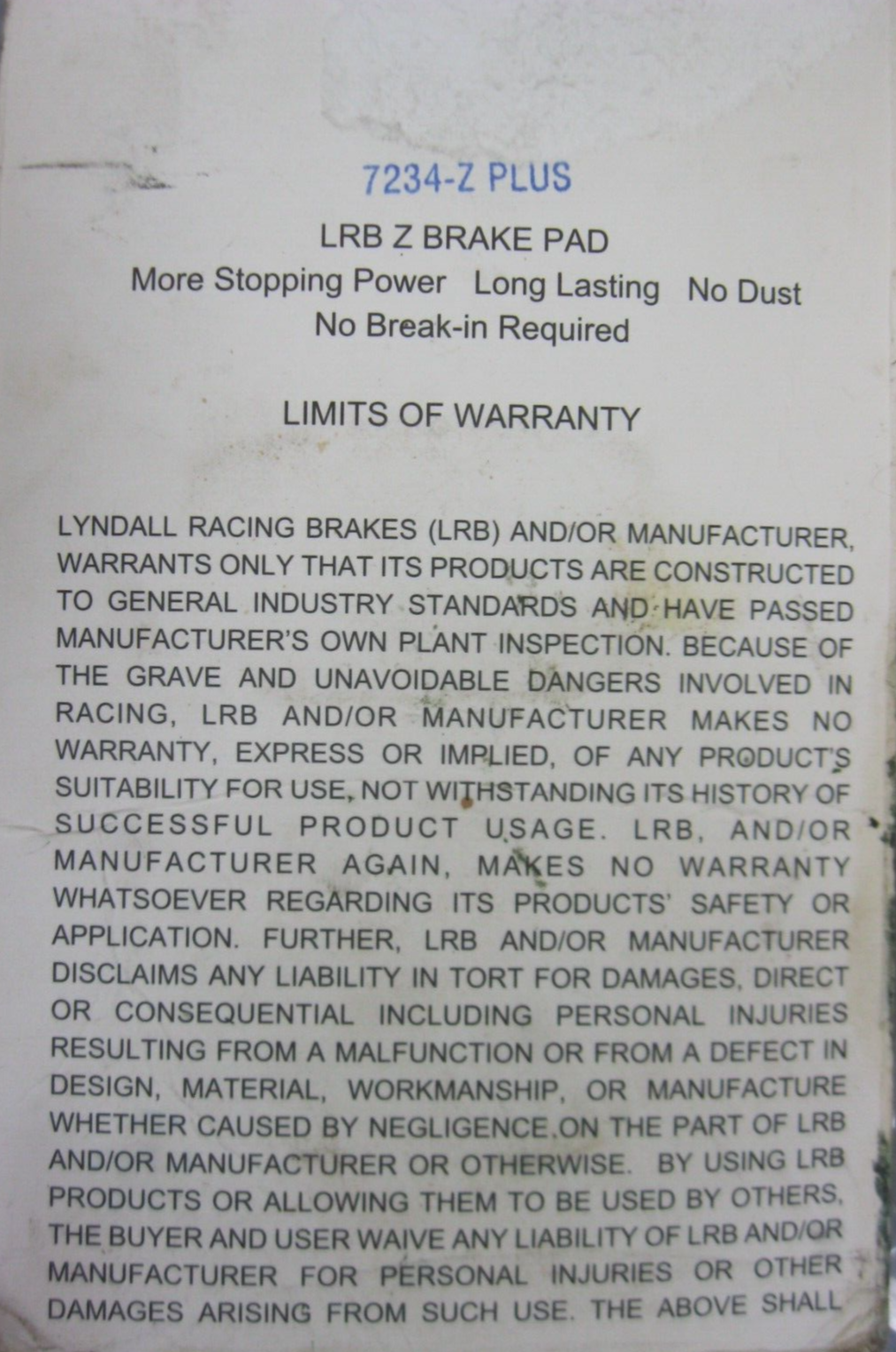 Lyndall Racing Brakes LRB 04-10 XL Racing Brake Pads 7234-Z PLUS