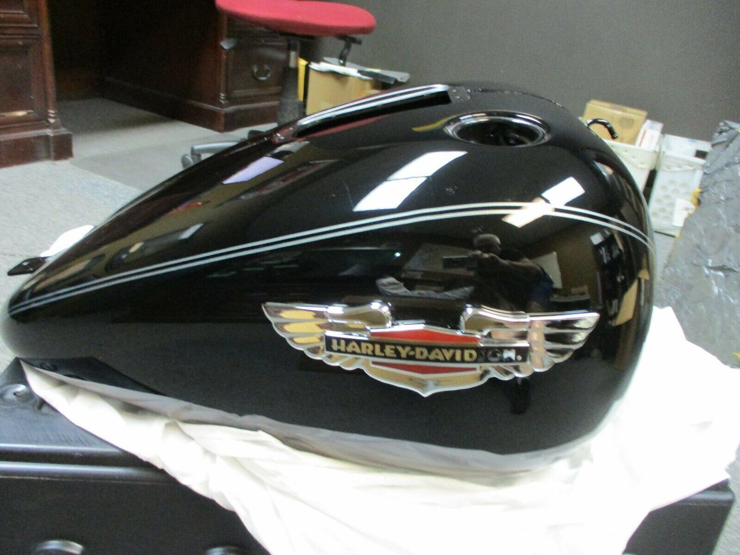 Harley Davidson OEM FLSTN Fuel Tank Vivid Black With Silver Stripes 62292-08BHY