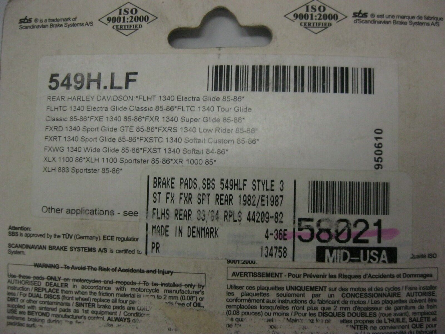 SBS Ceramic Motorcycle DISC BRAKE PADS for HD FLT/FLHT 549H.LF 58020 43395-80A