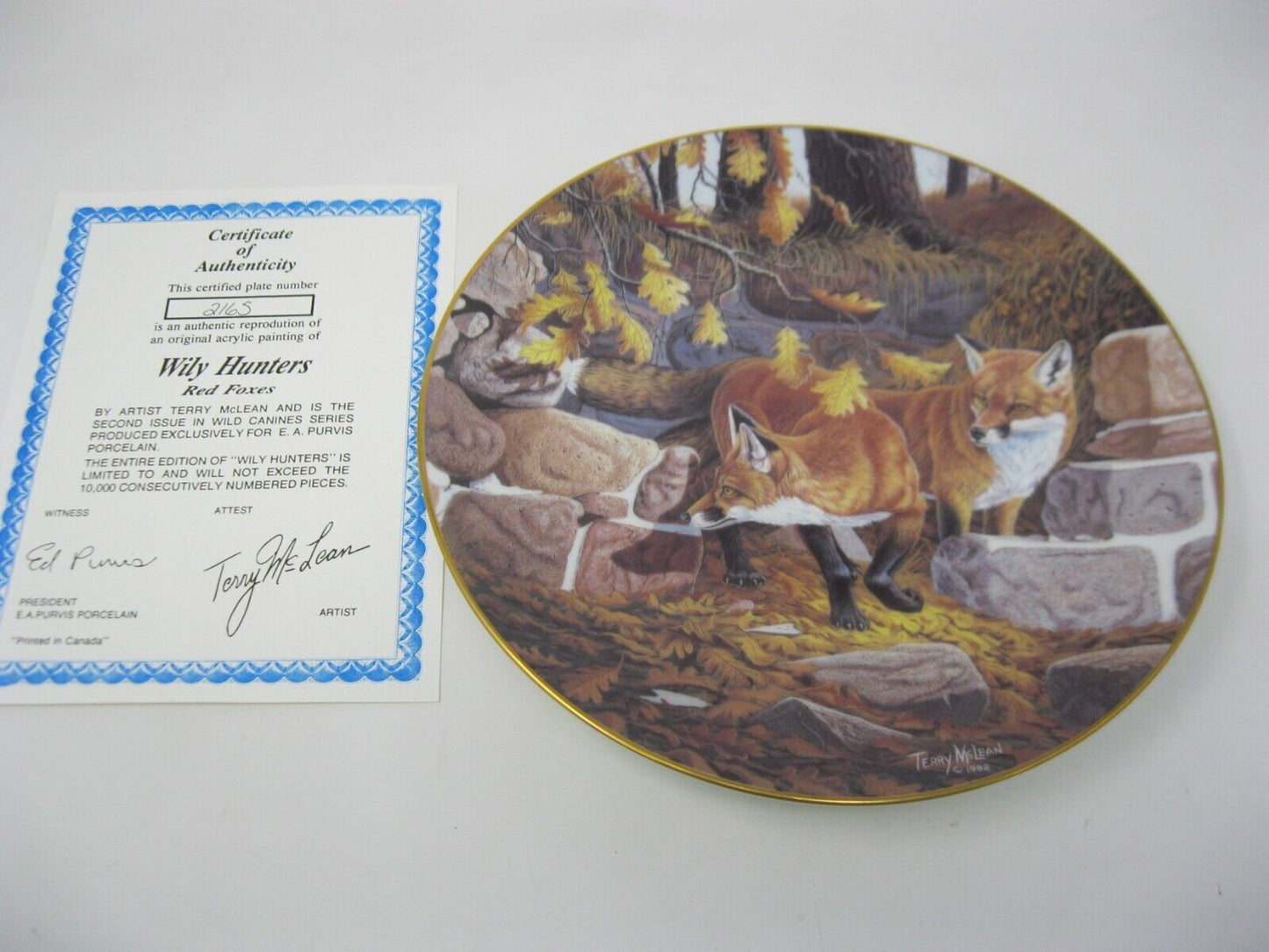 Terry McLean Collector Plate "Wily Hunters" Signed, Limited Edition