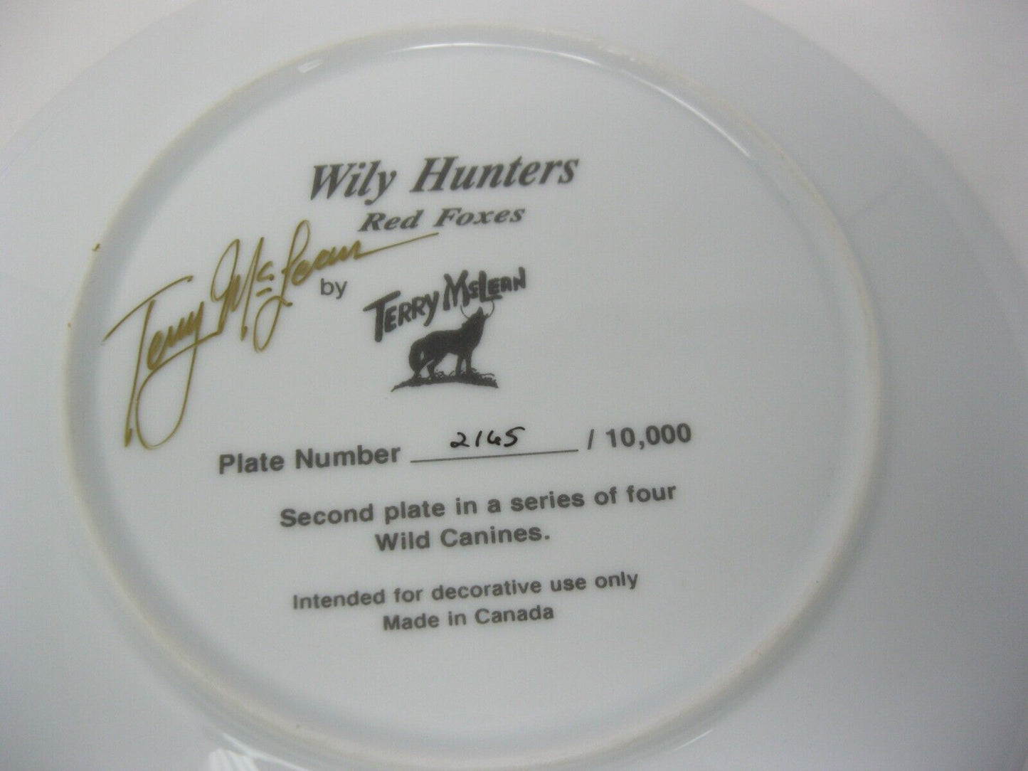 Terry McLean Collector Plate "Wily Hunters" Signed, Limited Edition