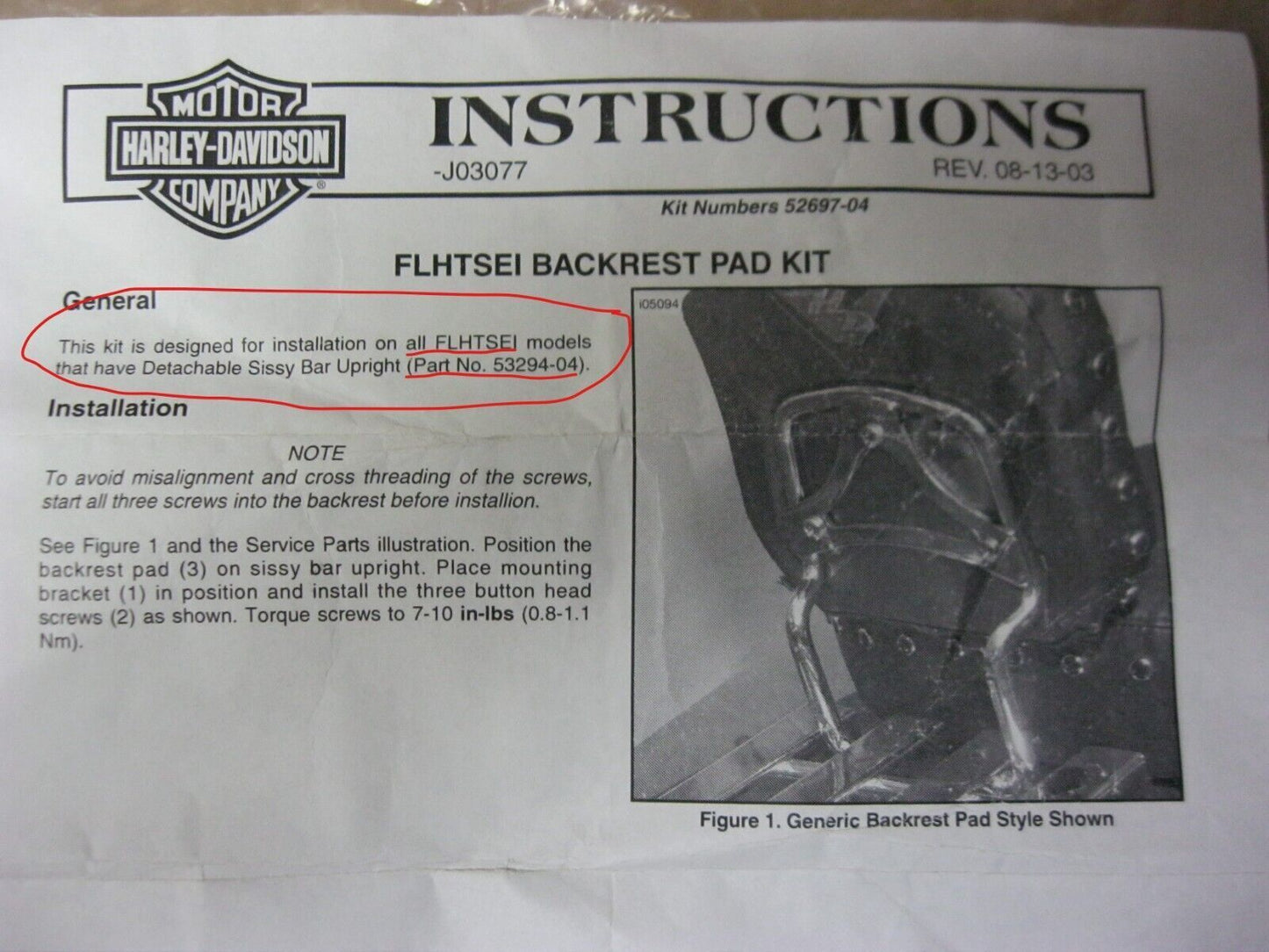 Harley-Davidson OEM FLHTSE Backrest Pad Kit 52697-04