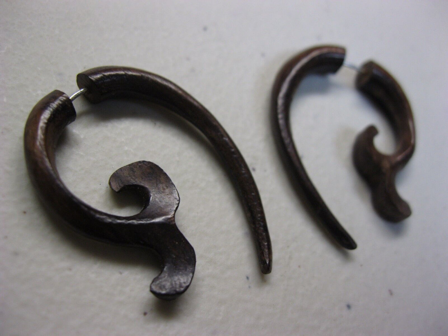 WHALE TAIL BROWN WOODEN FAKE GAUGE TRIBAL EARRINGS