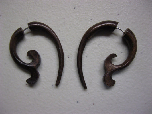 WHALE TAIL BROWN WOODEN FAKE GAUGE TRIBAL EARRINGS