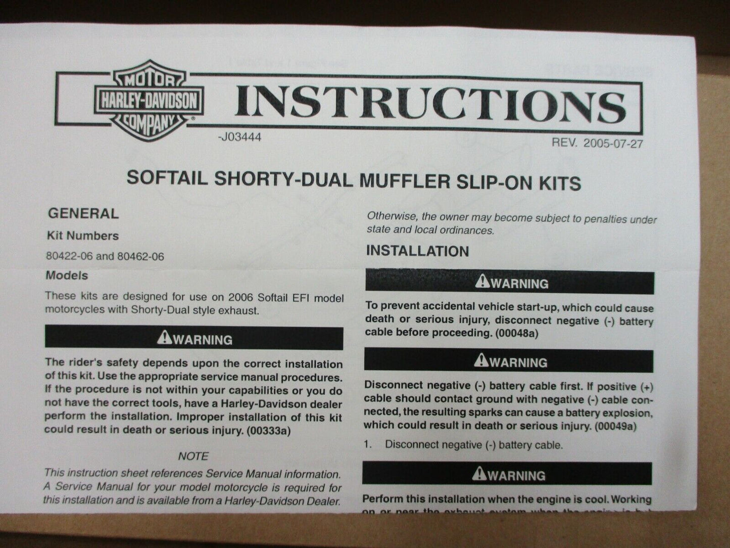 Harley Davidson OEM FXSTI Softail Shorty-Dual Muffler Slip-On Kit 80422-06