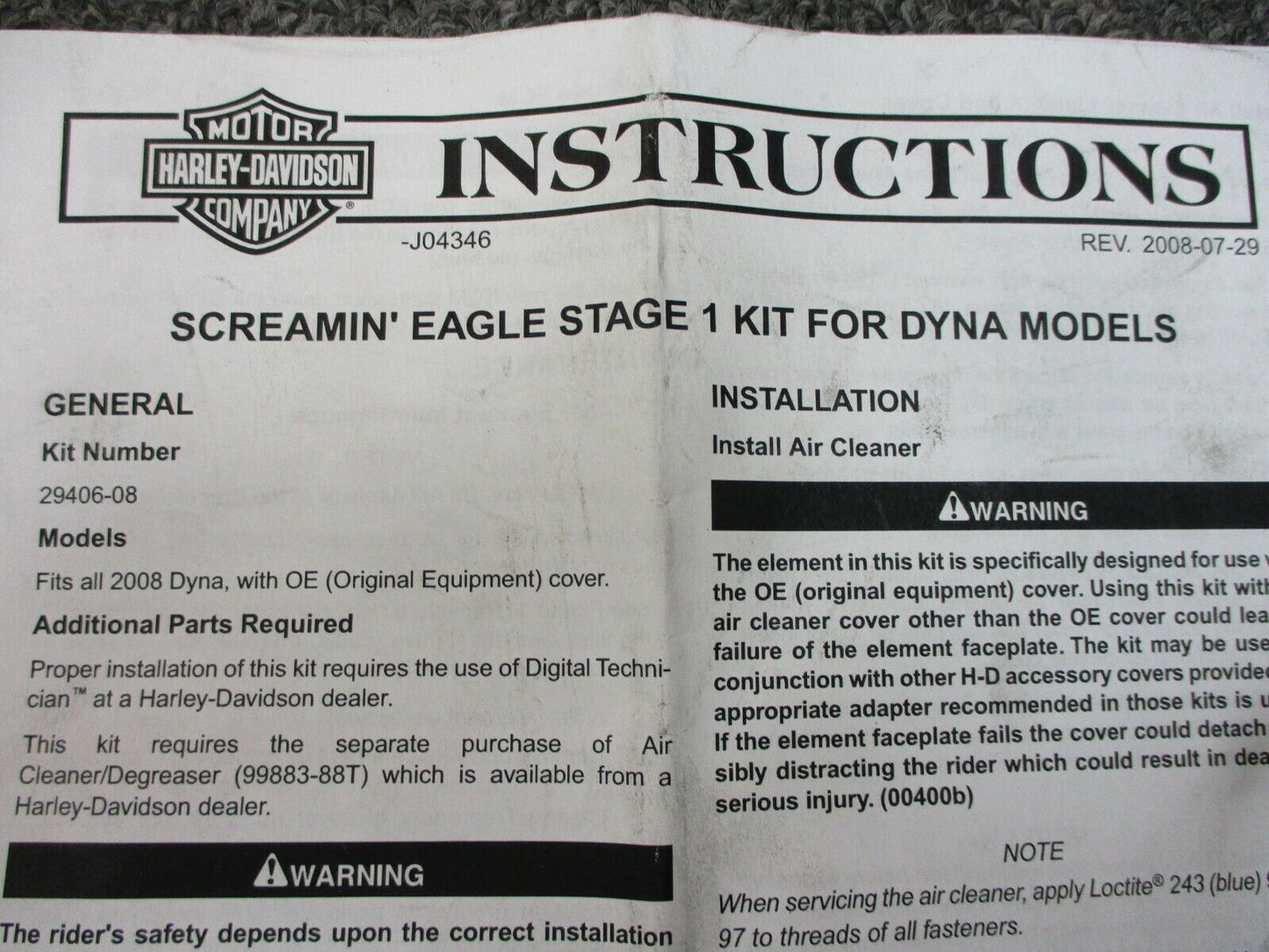 Harley Davidson OEM Screamin Eagle Stage 1 For DYNA Models 29406-08