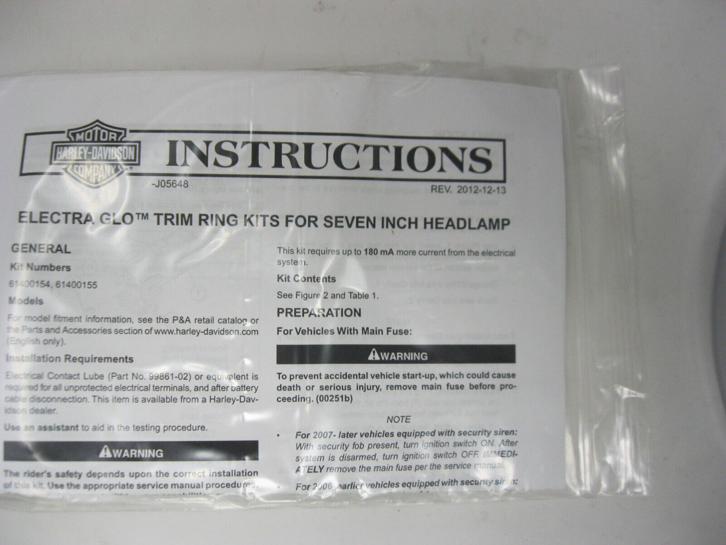 Harley Davidson OEM Electra Glo 7" Headlamp Trim Ring 61400154