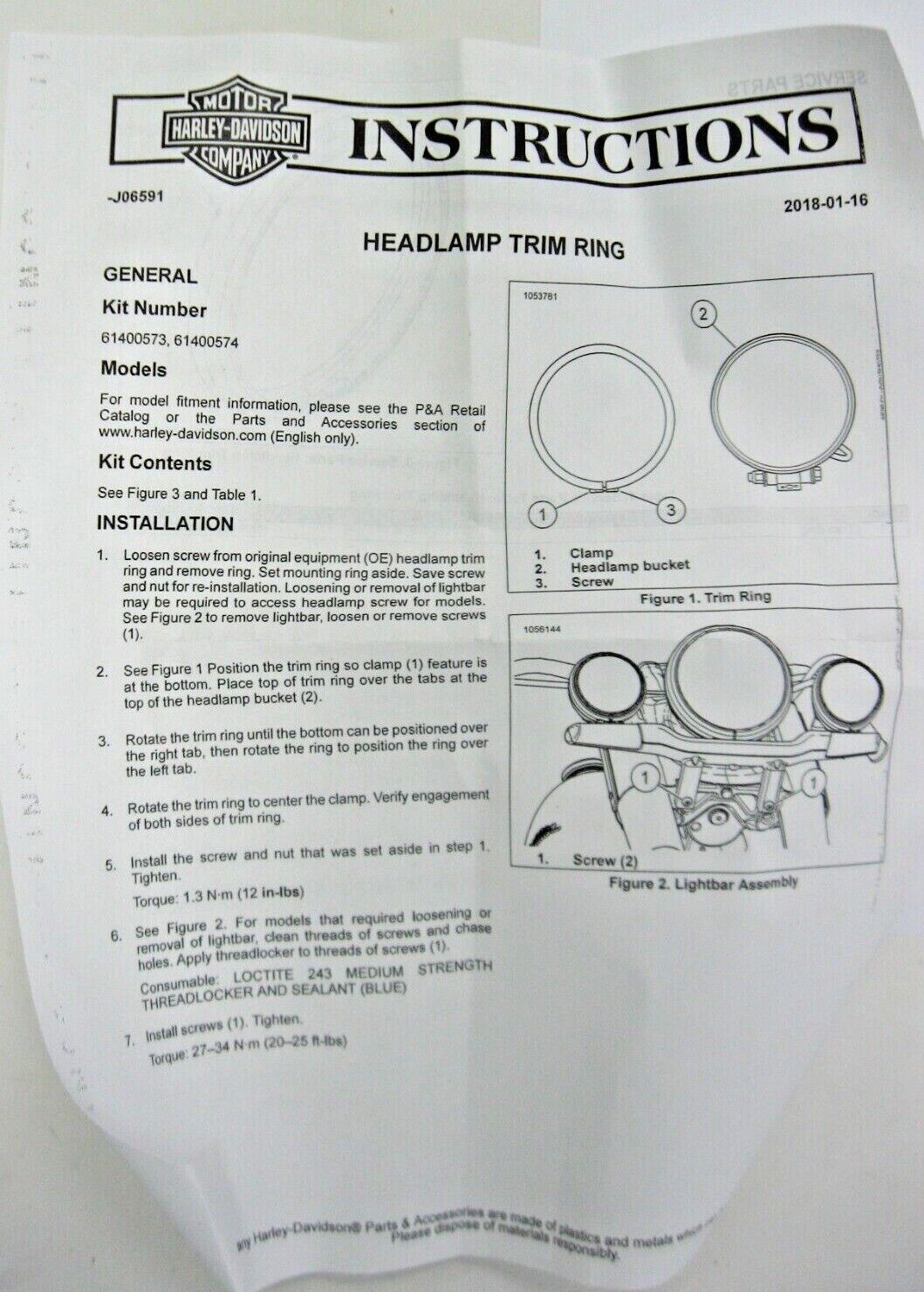 Harley Davidson OEM 7" Headlight Trim Ring 61400573