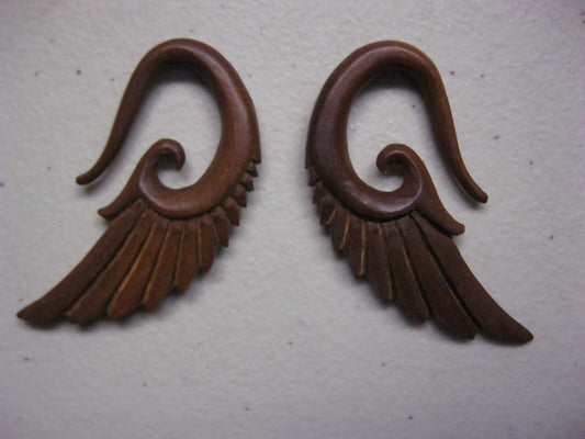 BROWN SANDALWOOD ANGEL WING TRIBAL EARRINGS EAR HOOKS