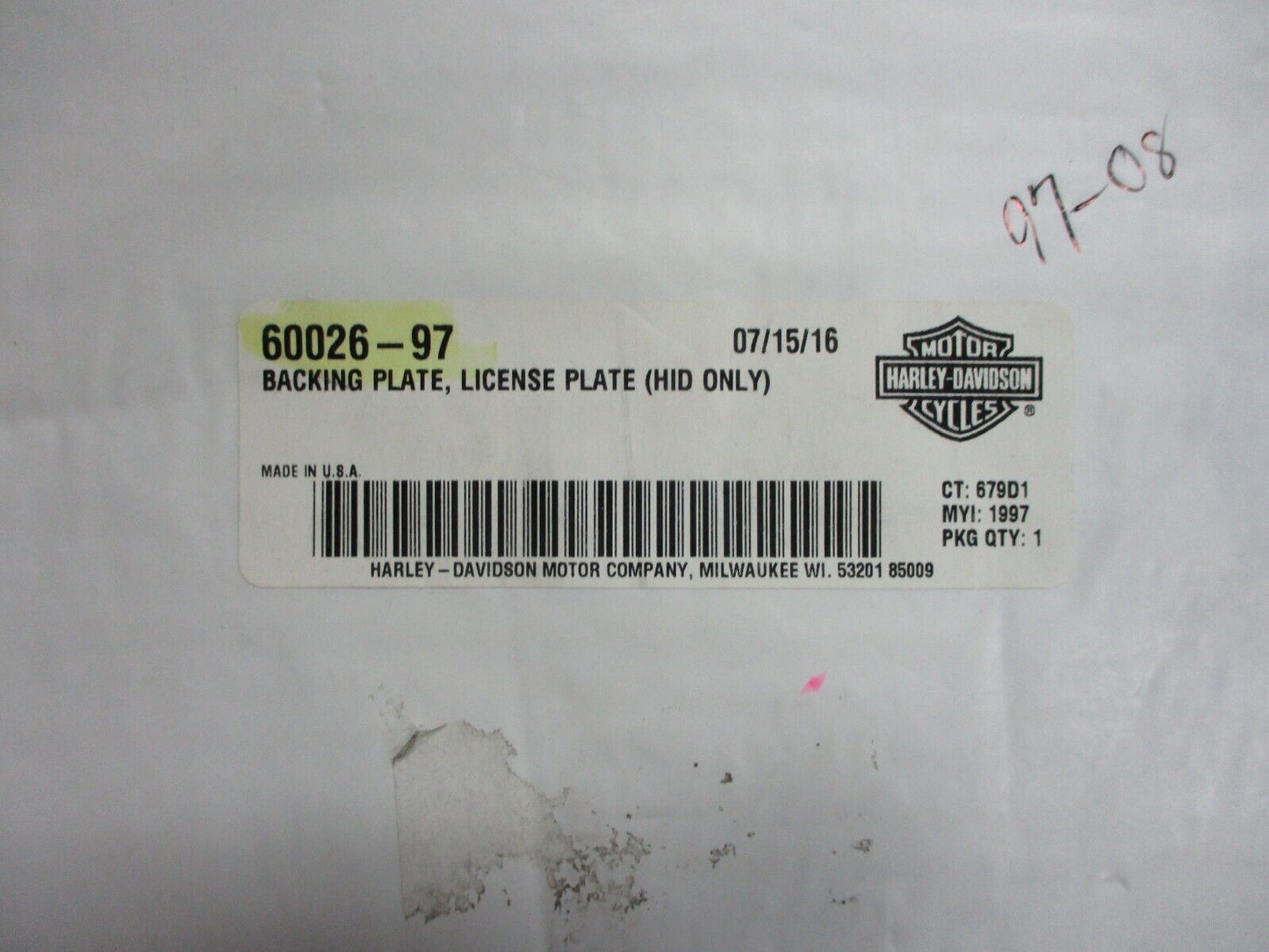 Harley Davidson OEM Licence Plate backing Plate (HID Only) 60026-97
