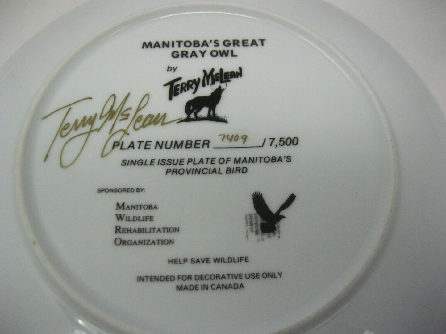 Terry McLean Collector Plate "Manitoba's Great Gray Owl" Signed, Limited Edition