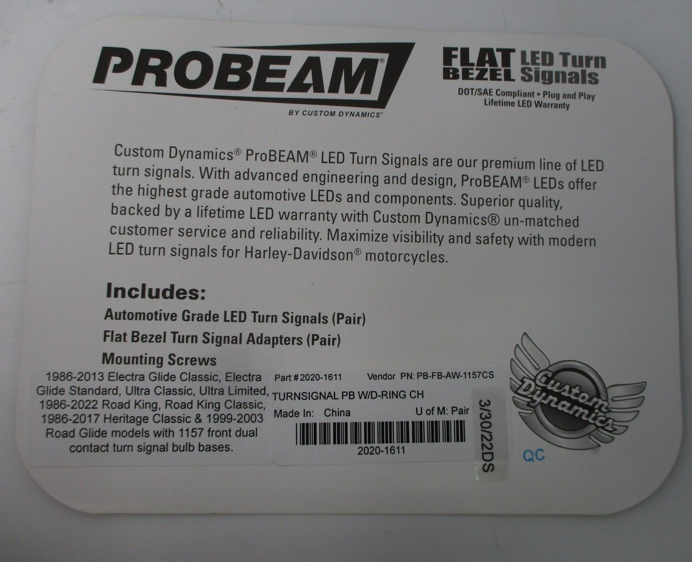 Custom Dynamics Probeam Flat LED Turn Signal Lights PAIR 2020-1611