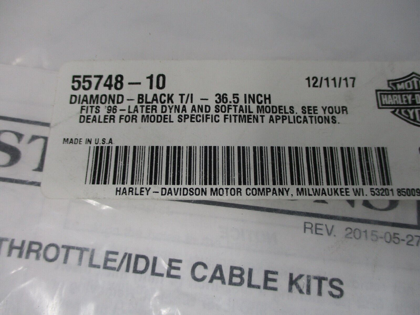 Harley-Davidson OEM Diamond Black Throttle/Idle Cable 36.5'' 55748-10