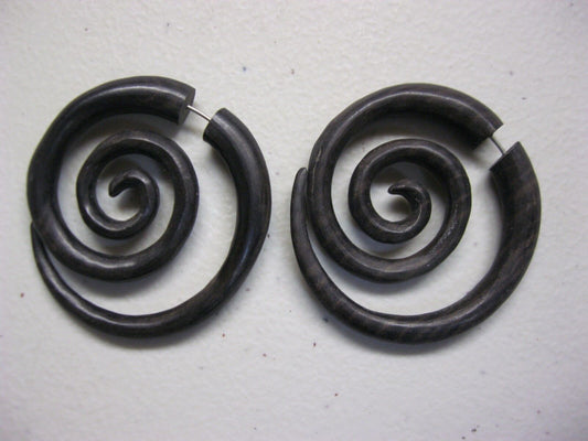 MEDIUM SIZED BROWN SONO WOOD SPIRAL FAKE GAUGE EARRINGS