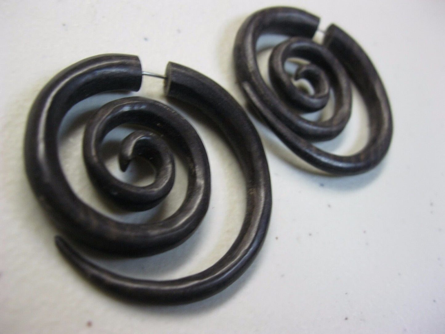 MEDIUM SIZED BROWN SONO WOOD SPIRAL FAKE GAUGE EARRINGS