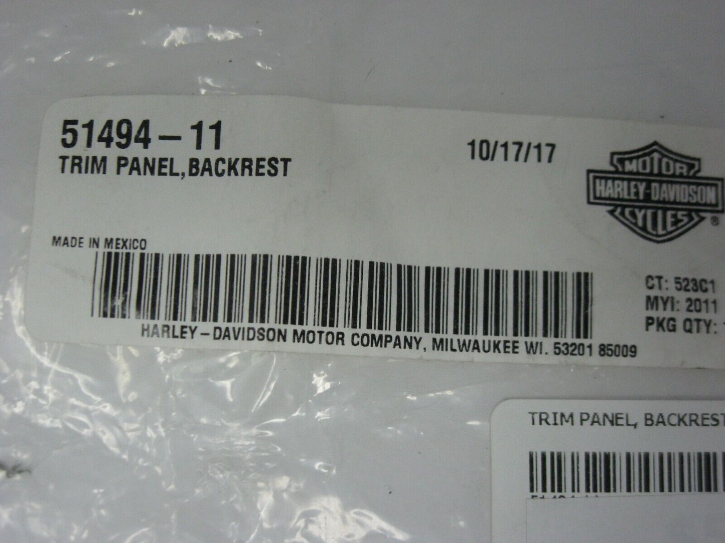 Harley-Davidson OEM Backrest Trim Panel 51494-11